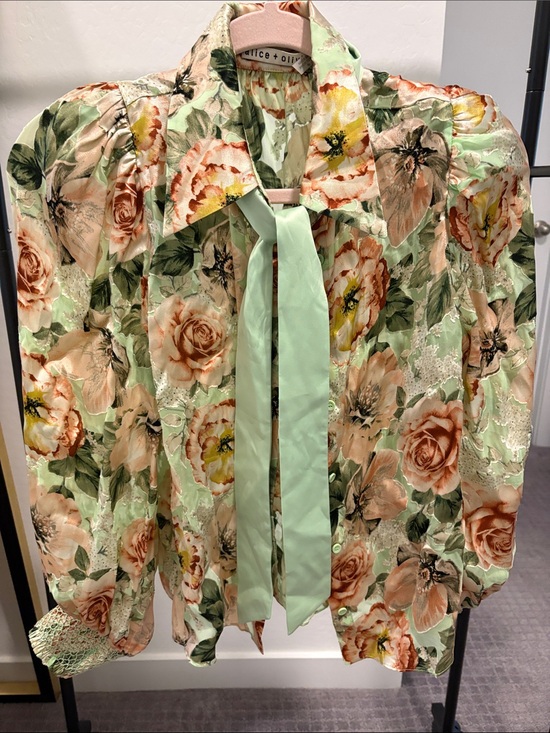 Alice + Olivia Tops - Alice + Olivia Mint Green Floral Tie-Neck Blouse
